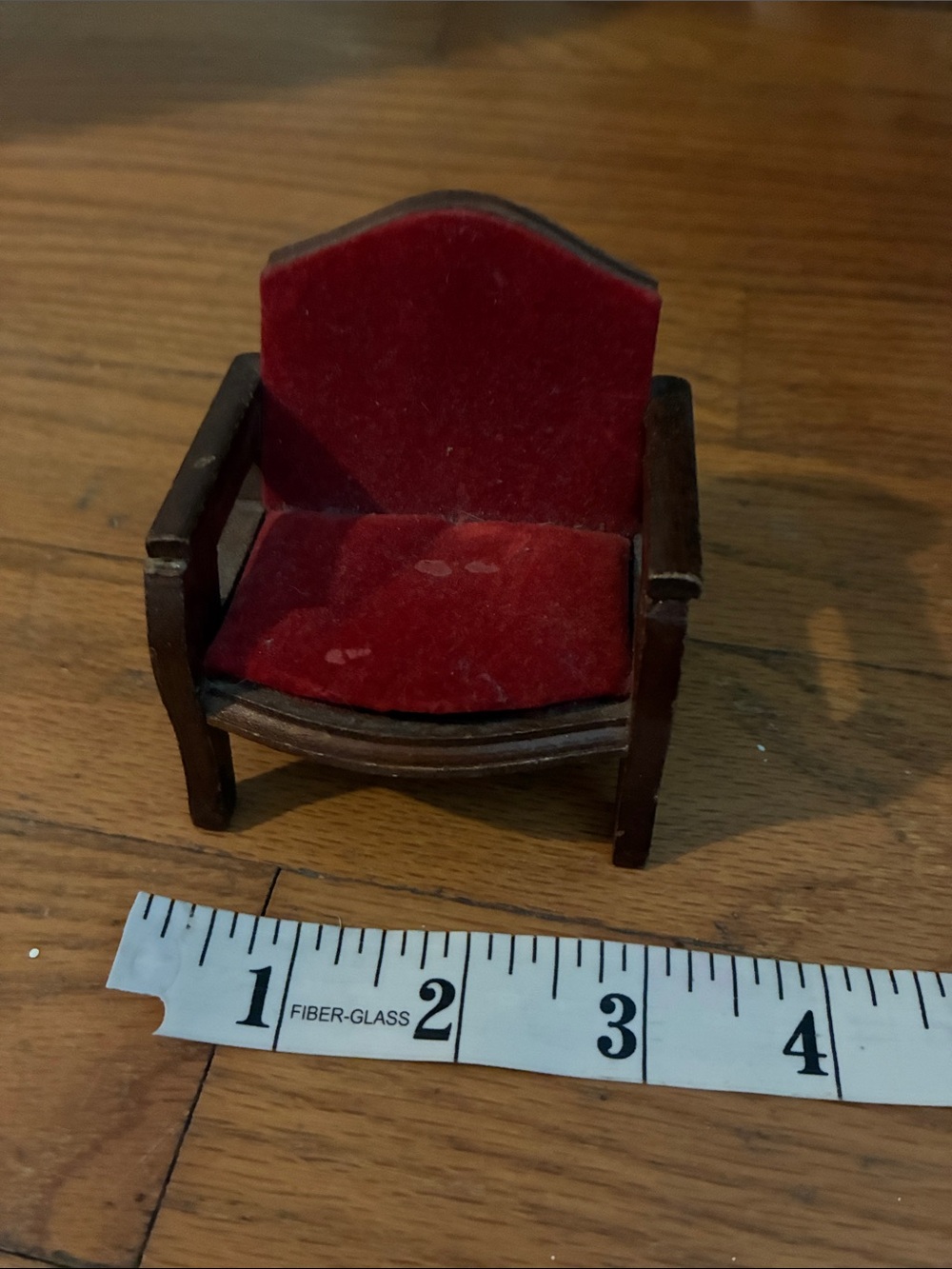 Plush Red Velvet Dollhouse Armchair with Dark Wood Frame